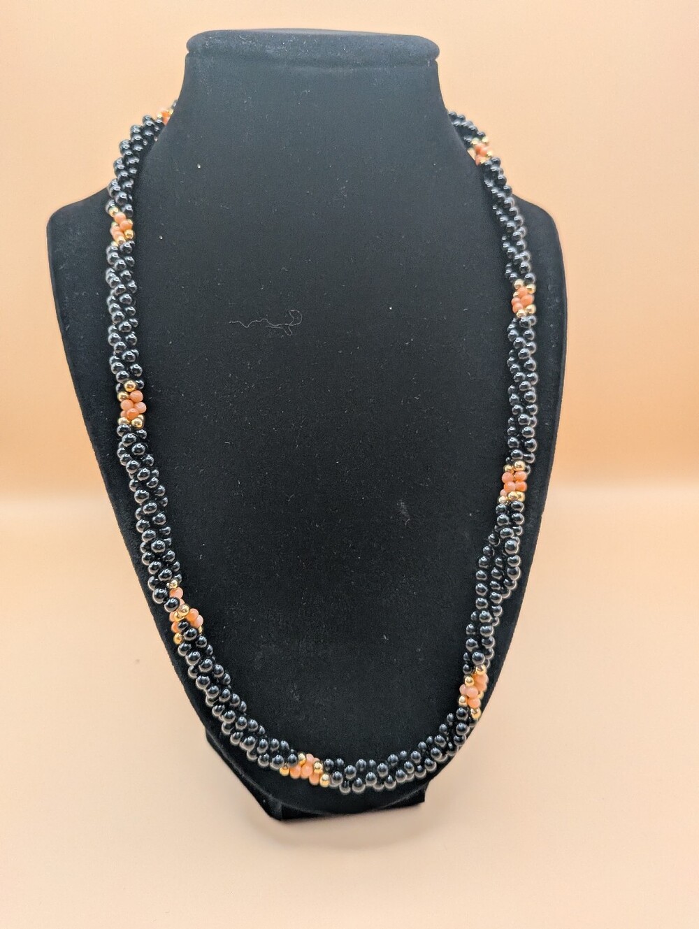 Handcrafted Vintage Black Beaded Necklace with Coral Accent MCM